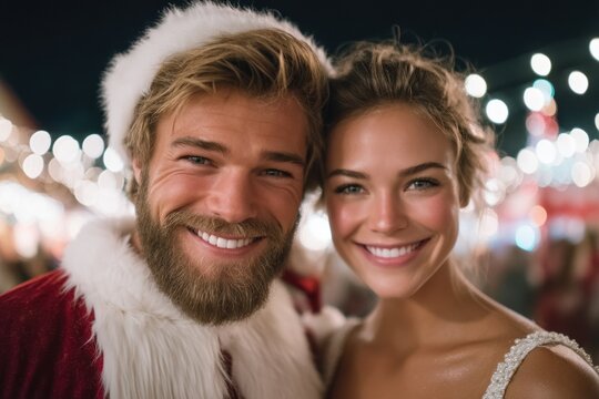 Smiling couple in festive attire at Christmas market, joyful portrait perfect for holiday campaigns, lifestyle branding, and seasonal advertising visuals.