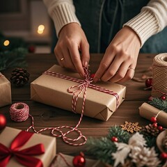 Hands tying festive red and white twine around a kraft paper Christmas gift box, creating a cozy holiday moment with rustic charm