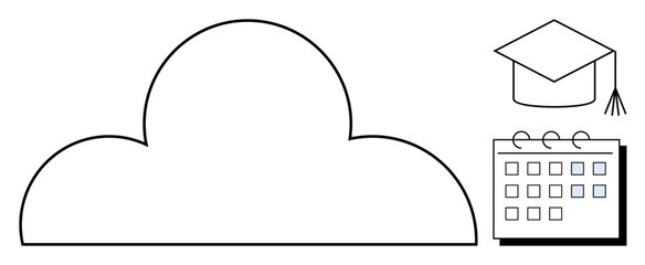 Cloud outline, graduation cap, and calendar signify e-learning, academic planning, cloud storage, and digital transformation. Ideal for education, scheduling, tech solutions remote work innovation