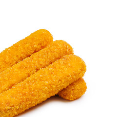 Delicious golden cheese sticks served on a clean surface