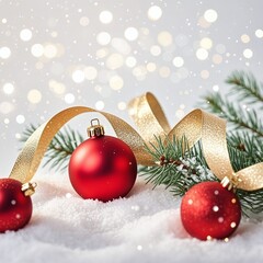 Festive Christmas decorations with red ornaments, gold ribbon, and snow create a magical holiday atmosphere for seasonal celebrations