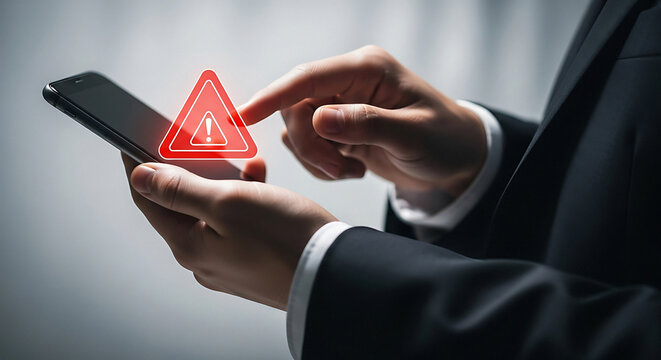 Urgent mobile security alert! Business professional responds to warning on smartphone, protecting company data and ensuring secure connection for peace of mind