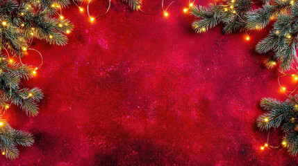 Christmas background with red surface, candies, pine brunches, gifts and glass ornaments.