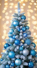 Fototapeta premium Elegant frosty fir adorned with azure spheres against a bokeh backdrop