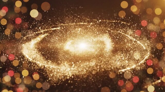 A shimmering golden christmas patern of stardust swirls and festive bokeh lights for a magical holiday celebration