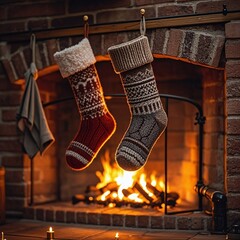 Warm up your holiday season with cozy stockings hanging by the fireplace, creating a magical Christmas Eve atmosphere