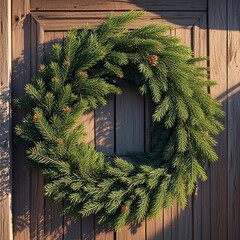Elegant evergreen wreath welcomes the winter season on rustic wooden door bringing a touch of nature and festive cheer to any home decor