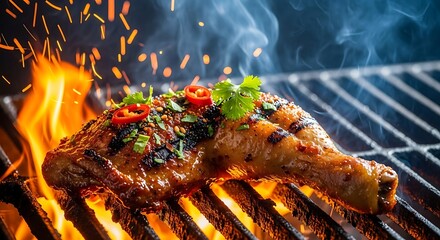 Grilled Chicken Leg Quarter with Fresh Herbs and Chili Slices