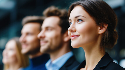 Obraz premium Confident businesswoman looking ahead with supportive team in background symbolizing leadership and vision