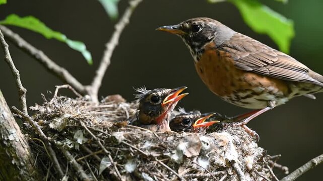 Parent bird feeding chick in nest close up outdoors during daytime