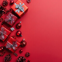 Christmas background with red surface, candies, pine brunches, gifts and glass ornaments.