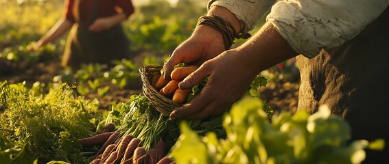 A farmer harvesting carrots and other vegetables in a field during a sunny day in the countryside