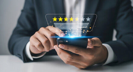 Boost business reputation with stellar online reviews - Confident professional checking ratings on mobile device for customer satisfaction in modern setting