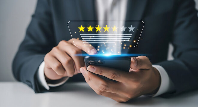 Boost business reputation with stellar online reviews - Confident professional checking ratings on mobile device for customer satisfaction in modern setting