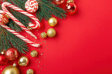 Christmas background with red surface, candies, pine brunches, gifts and glass ornaments.