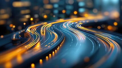 Abstract streaks of light from moving vehicles on a highway at night, with blurred city lights in the background.