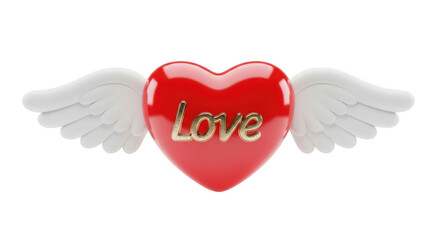 Red heart with golden love inscription and white wings