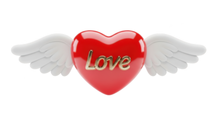 Red heart with golden love inscription and white wings