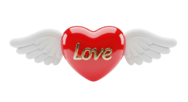 Red heart with golden love inscription and white wings