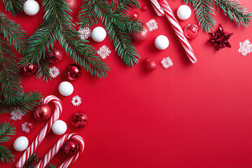 Christmas background with red surface, candies, pine brunches, gifts and glass ornaments.