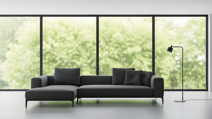 Modern gray sofa sits in a bright, minimalist interior. Use as backdrop for furniture product photography or branding.