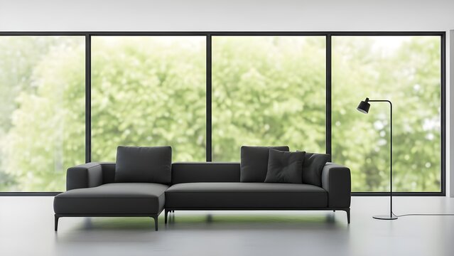 Modern gray sofa sits in a bright, minimalist interior. Use as backdrop for furniture product photography or branding.