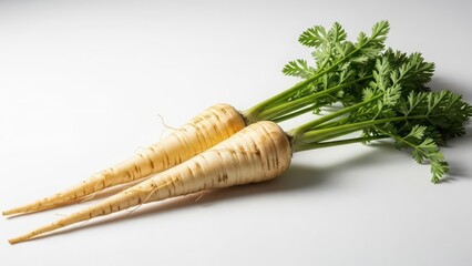 Fresh organic parsnips with vibrant green leafy tops on a clean white background, healthy root vegetables perfect for cooking.