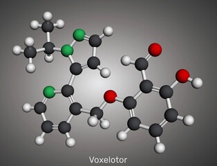 Voxelotor molecule, haemoglobin modifier. Drug used for the treatment of sickle cell disease. Molecular model. 3D rendering. Illustration