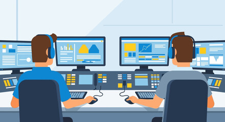 Two operators monitoring screens in a control room, wearing headsets and using keyboards.