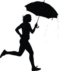 Silhouette of a person running with an open umbrella, captured in motion against a clean, isolated on