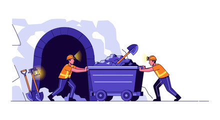 Two miners pushing a heavy mine cart filled with resources out of a dark tunnel, illustrating hard work in the mining industry.