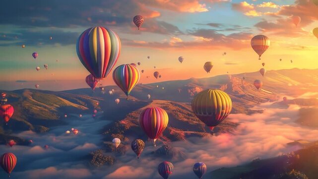 Colorful hot air balloons floating above clouds at sunrise or sunset