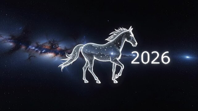 Star constellation horse with 2026 number on a cosmic background. Astrological zodiac sign or calendar year. Spiritual concept.
