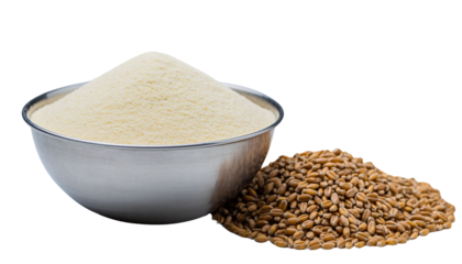 Semolina flour in a metal bowl, a pile of durum wheat grain for cooking, baking, bread, and pasta making isolated on solid white background7