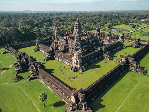 Angkor Wat Aerial Panorama Of Central Sanctuary, Siem Reap, Cambodia