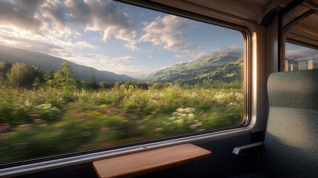 A train window reveals a vibrant landscape of mountains, wildflowers, and a clear sky, offering a serene travel view