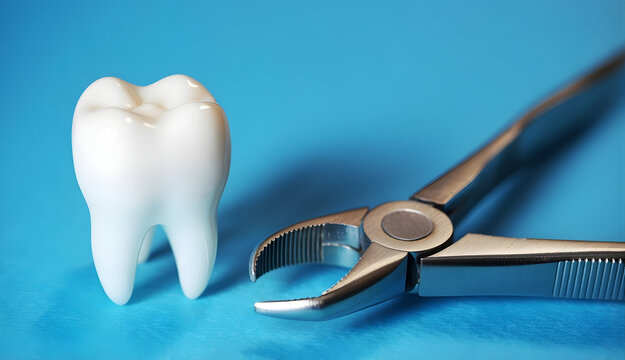 Dental extraction concept with molar tooth and dental pliers on blue