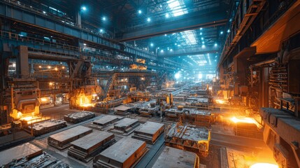 Obraz premium Large industrial hall with metal works, bright lights, and molten material in production, filled with machinery
