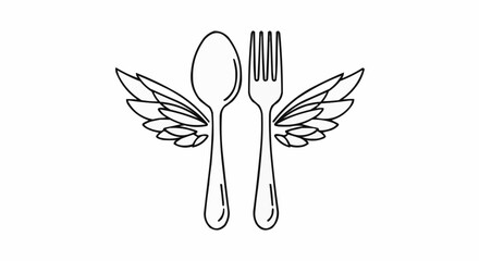 Winged spoon and fork cutlery line art icon illustration.