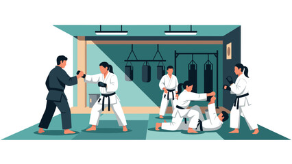 Martial arts training in a modern dojo with instructors and students practicing karate techniques
