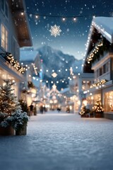 Cozy winter street with glowing Christmas lights and snowfall, magical festive scene ideal for holiday cards, tourism campaigns, and winter advertising.