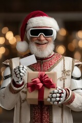 Santa Claus robot in futuristic armor holding gift and card, creative Christmas concept ideal for tech branding, festive campaigns, and digital advertising.