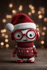Cute toy robot with red glasses and Santa hat, standing on wooden surface, festive AI character concept ideal for holiday advertising, toys, and marketing.