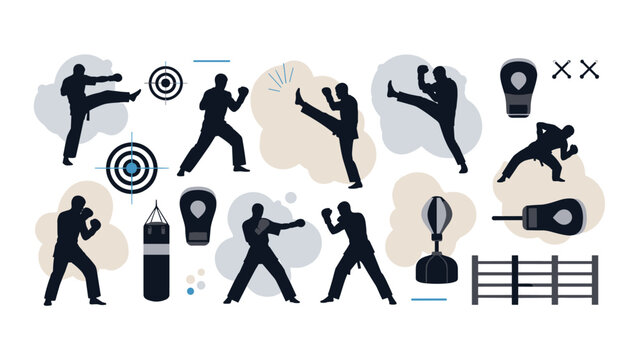 Martial arts and boxing techniques silhouettes for training design and decoration
