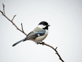 Fototapeta premium Bird on Branch: A striking, petite bird, boasting a sleek, contrasting plumage, perches serenely on a slender, textured branch against a muted backdrop, portraying tranquility.