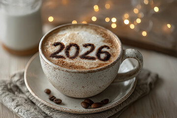 Cappuccino with 2026 written in cocoa powder and festive bokeh lights