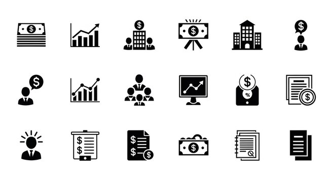 Business and finance icon set simple glyph vector symbols for presentations isolated on white backgr