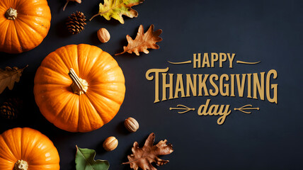 A thanksgiving themed image featuring pumpkins leaves and a happy thanksgiving day message on dark background