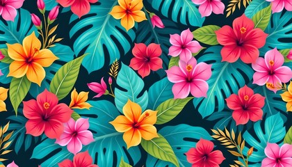 Vibrant Tropical Foliage and Flowers Bold Digital Illustration