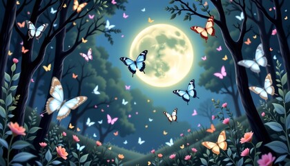 Luminous Butterflies Serene Moonlit Forest Clearing